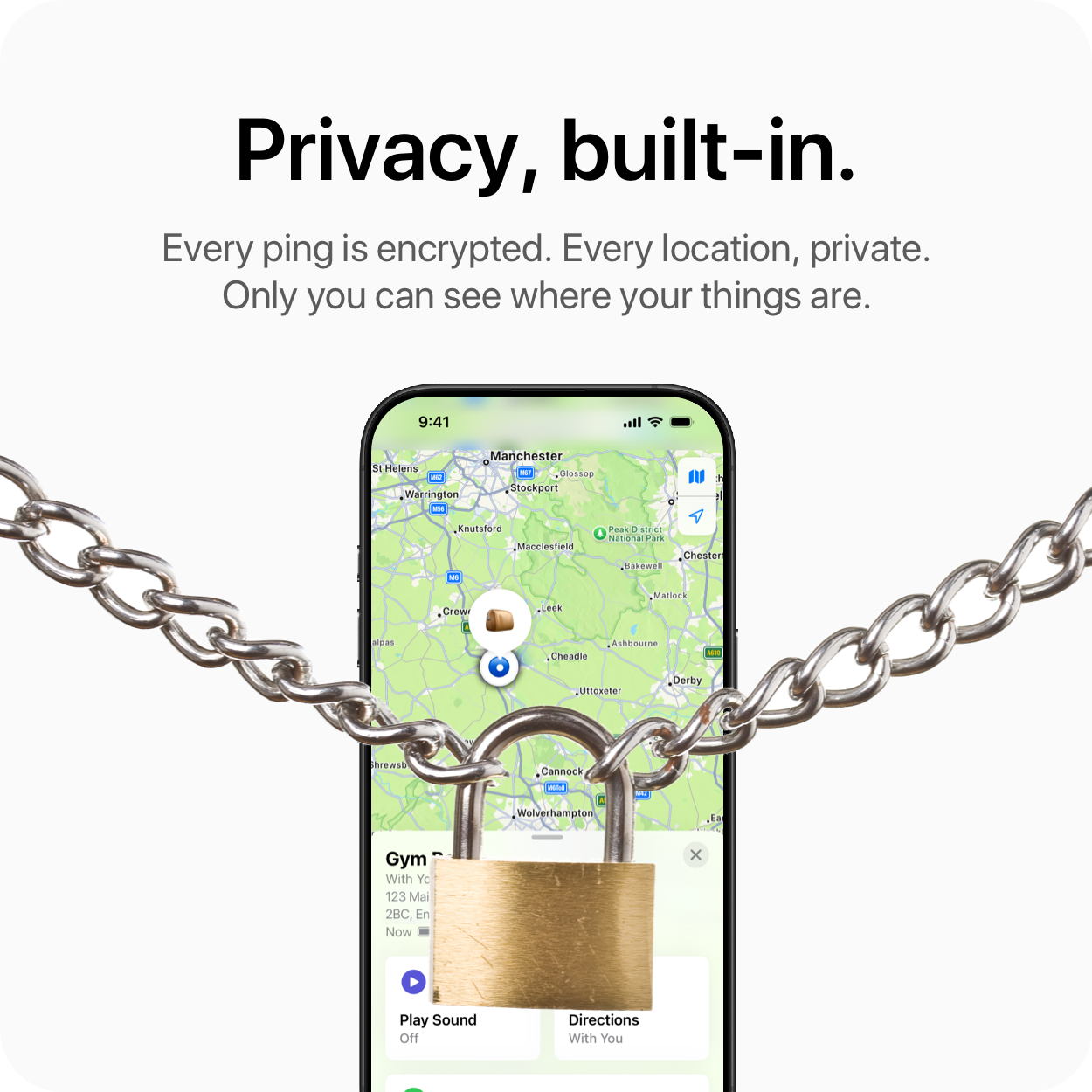 Apple Find My icon with lock symbol, showing private and encrypted tracking.