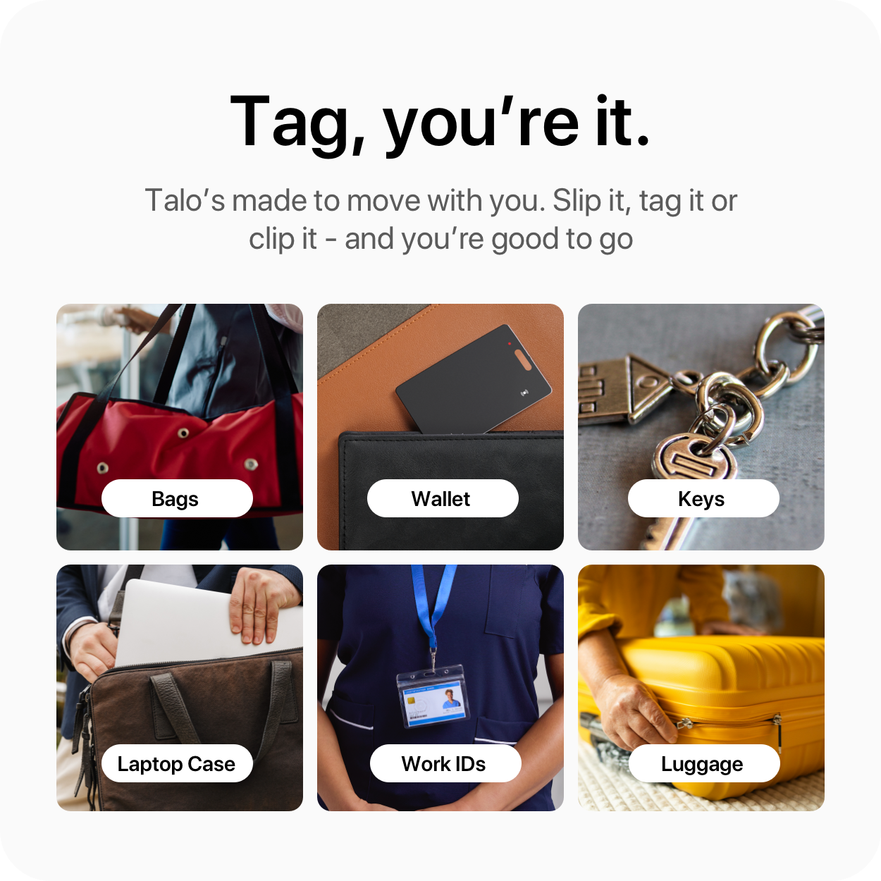 Talo Smart Card used in a wallet, on keys and luggage, showing everyday tracking.